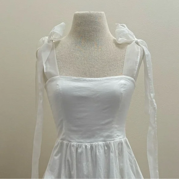 REFORMATION White Enza Square Ribbon Tie Strap Bubble Hem Minidress size 6 Small - Picture 7 of 16
